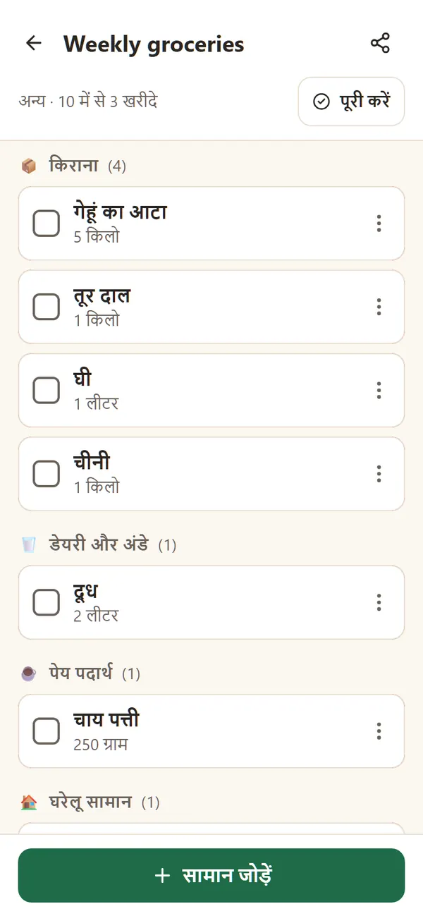 हफ़्ते का राशन नाम की साझा लिस्ट, जिसमें आटा, तूर दाल, घी और दूध श्रेणी के अनुसार हैं