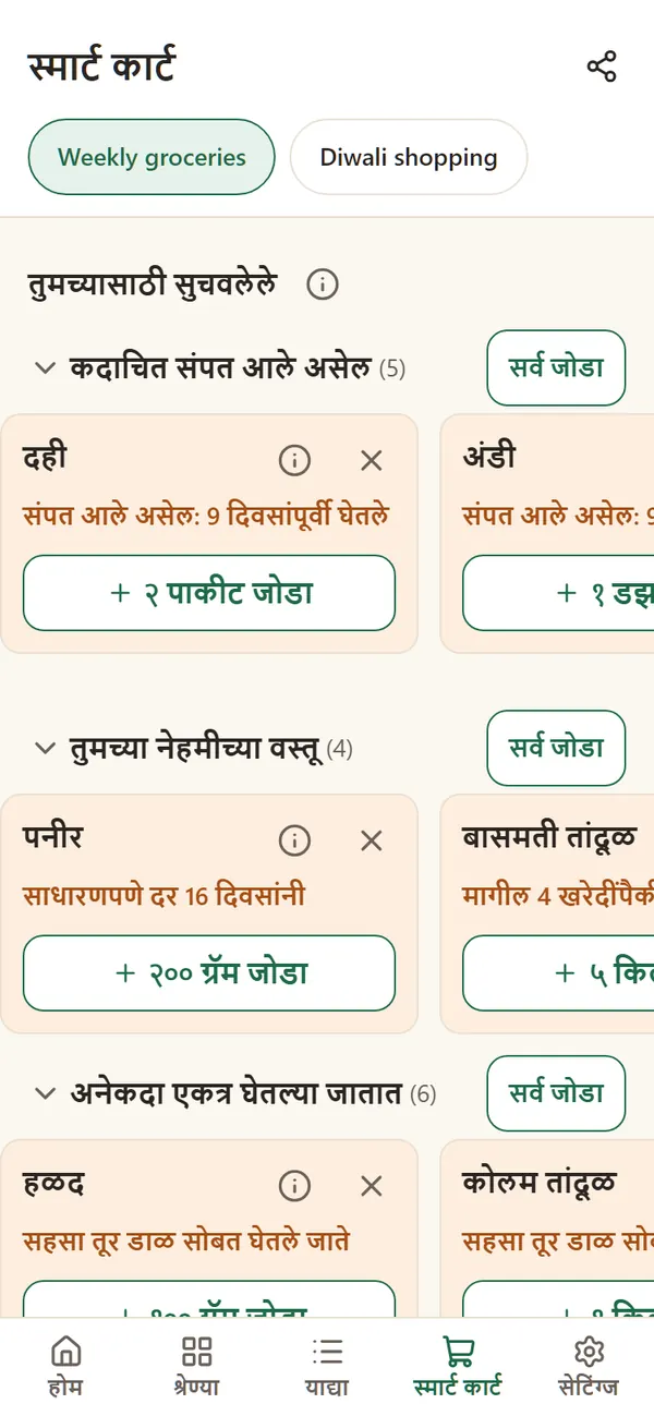 स्मार्ट कार्ट संपत आलेले दही आणि अंडी, आणि तूर डाळीसोबत लागणारी हळद सुचवत आहे