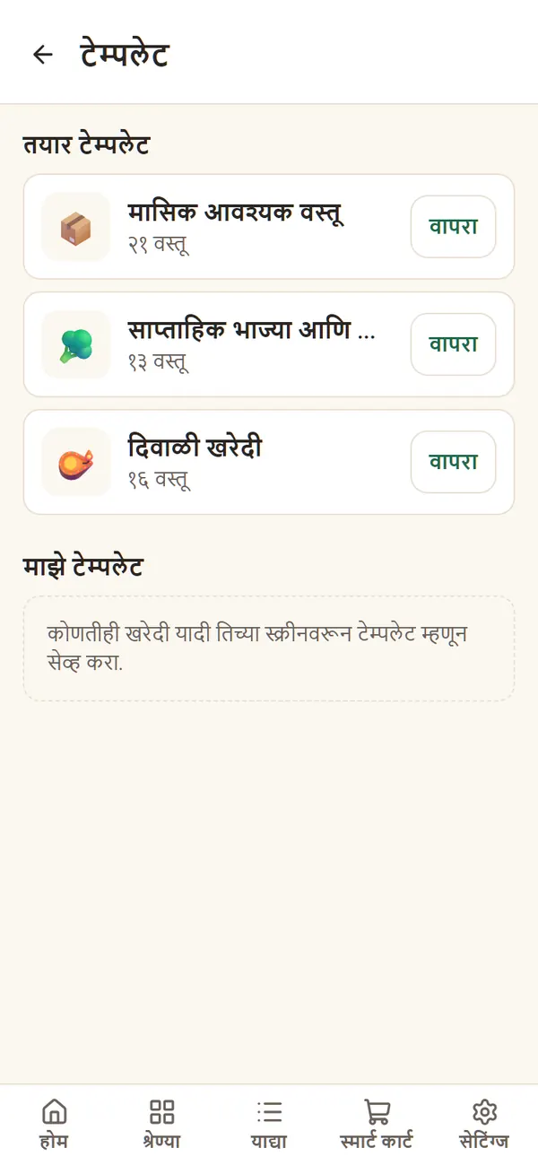 तयार टेम्पलेट: मासिक आवश्यक वस्तू, आठवड्याच्या भाज्या आणि फळे, आणि दिवाळीची खरेदी